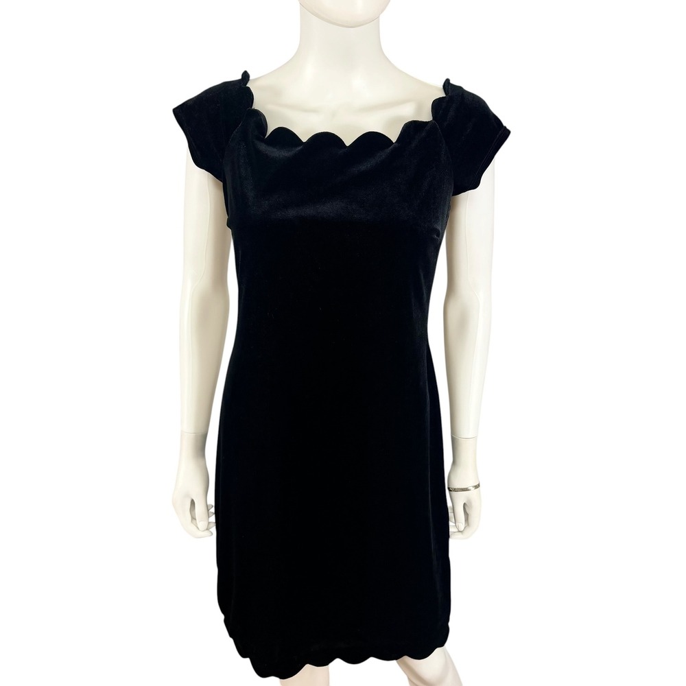 Premier Amour Black Velvet Sheath Dress Scalloped Off Shoulder Gold Zip Goth 10